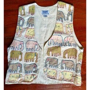 Vintage 90s Y2K Soho Cream Neutral Elephant Open Front Vest Jacket Medium Large
